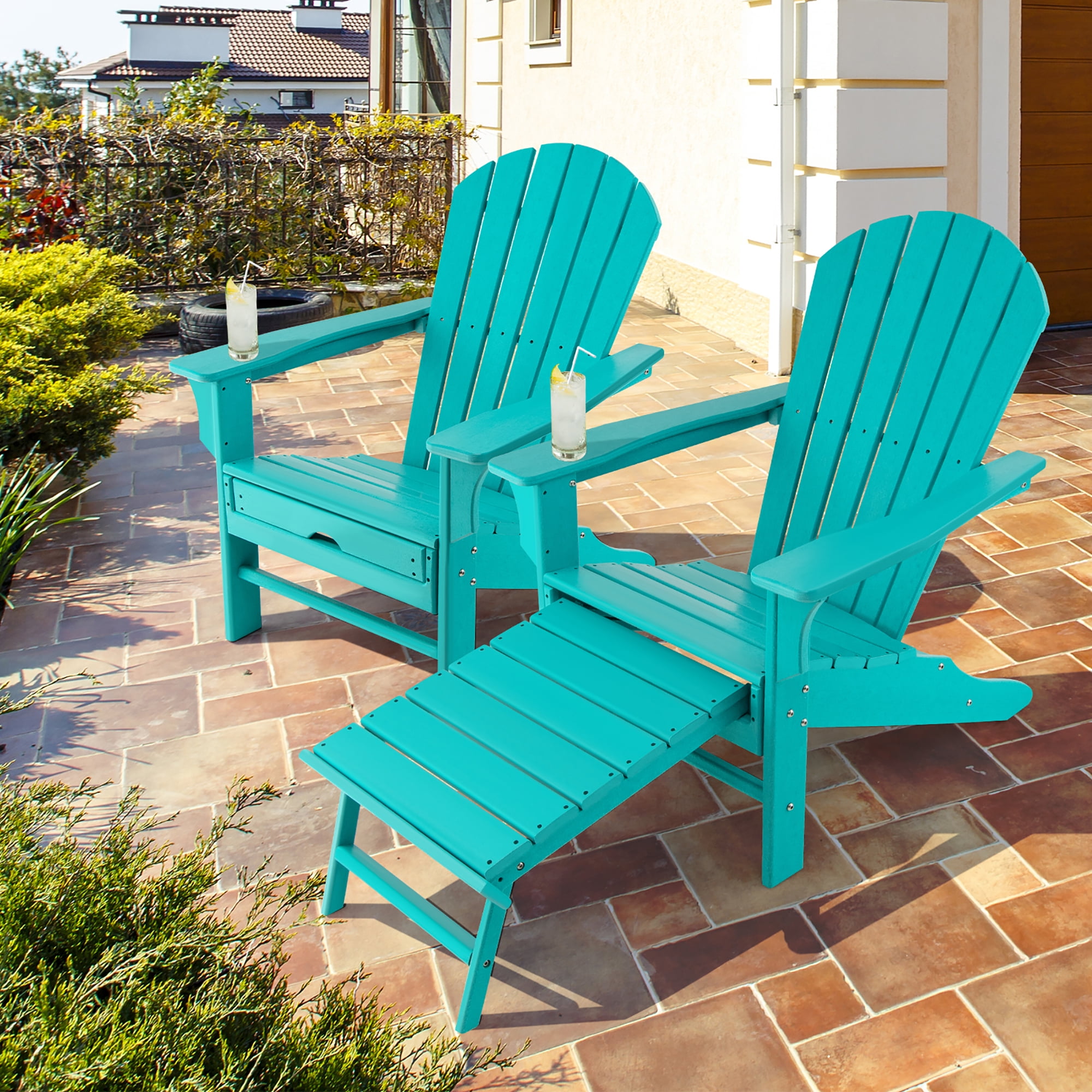 Costway 2 Pcs Chaise Adirondack d'Extérieur en HDPE pour Patio Siège de Plage Ottoman Rétractable Turquoise
