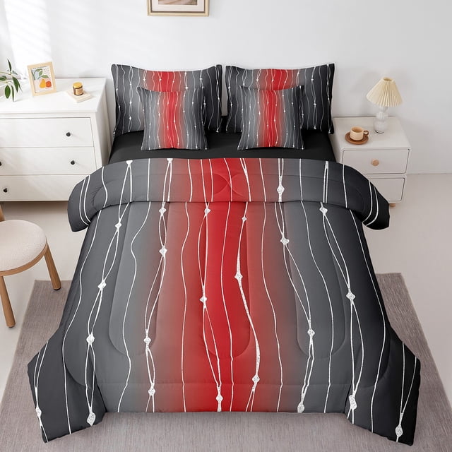 YST Literie Ombrée Noire et Rouge Format Grand 7 Pcs Ensemble de Couette Géométrique Esthétique