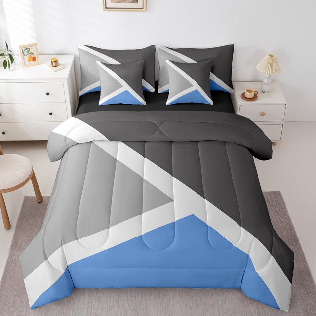 YST Geometric Triangle 7-Piece Bedding Set, King Size, Blue Dark Grey Light Gray, Modern Geometry