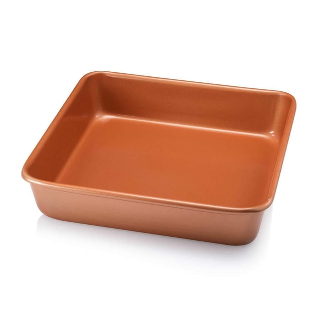 Gotham Steel Diamond Bakeware nonstick copper square baking tin 9.5 by 9.5 inches with ultra nonstick titanium and ceramic coating, lightweight, metal utensil safe, dishwasher and oven safe up to 500°F, shown in a front angled view on white background, also suitable for roasting vegetables or baking casseroles.