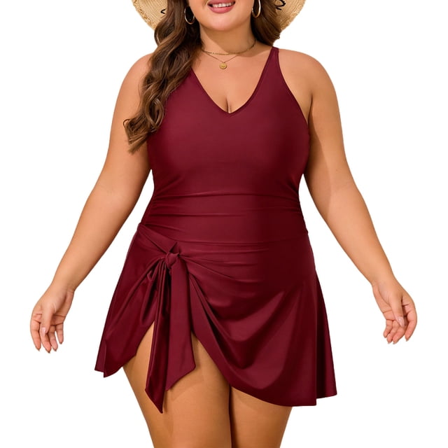 Tauxra Women Plus Size Swimwear Tops, V Neck Sleeveless Swim Tops for Women, Solid Color Tunic Rash Guard, with Side Skirt Coverage, Ruched Waist