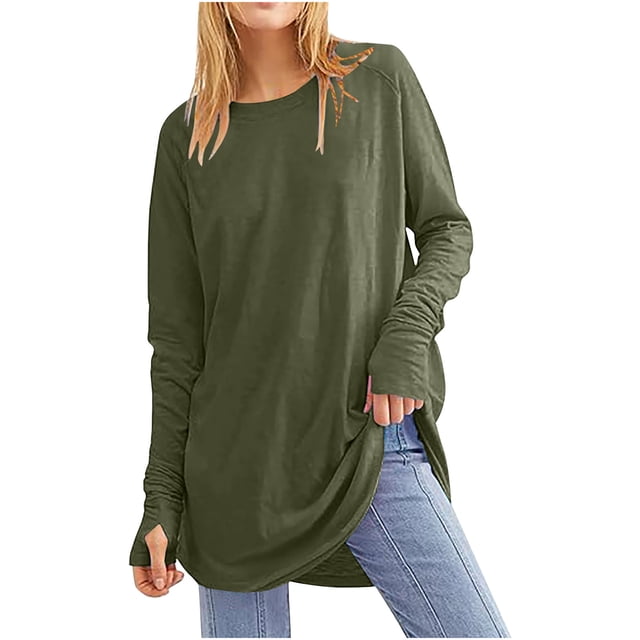 Tuniques à Manches Longues pour Femmes avec Trous pour les Pouces, Couleur Unie, T-Shirts Décontractés Amples, Automne, Tendance, Col Rond, Chandail à Enfiler, Blouses, Vert-1 m