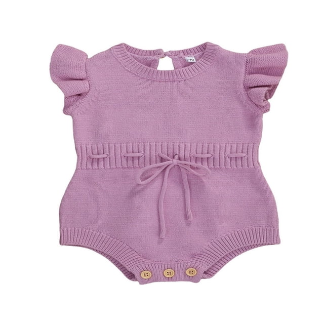 Newborn Infant Baby Girl Jumpsuit Solid Color Ruffle Sleeveless Knit Drawstring Romper Clothes Purple 12-18 Months