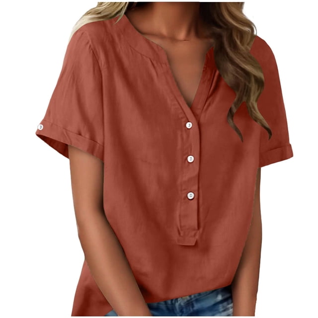 Floleo T-Shirt à Manches Courtes pour Femmes, Style Lin, Col en V, Boutons devant, Demi-Ouverture, Haut Vintage Classique, Respirant, Confortable, Extensible, Tissu Fin, Printemps Été Automne, Tenue Quotidienne (Orange#1, S)