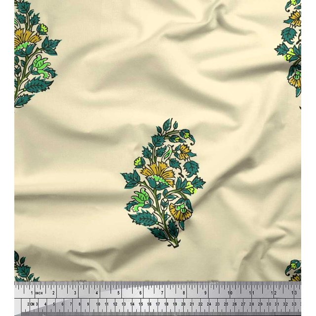 Soimoi Polyester Crepe Fabric Leaves & Floral Block Print Sewing Fabric Yard 52 Inch Wide