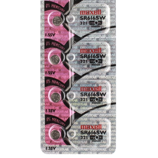 4 x Maxell 321 Watch Batteries, SR616SW Battery in a sealed blister pack. These silver oxide batteries have a voltage of 1.5V and are mercury-free. Compatible with various devices such as watches, calculators, car starters, keyless remotes, and health monitors. Equivalent to Energizer 321, Rayovac 321, and other brands.