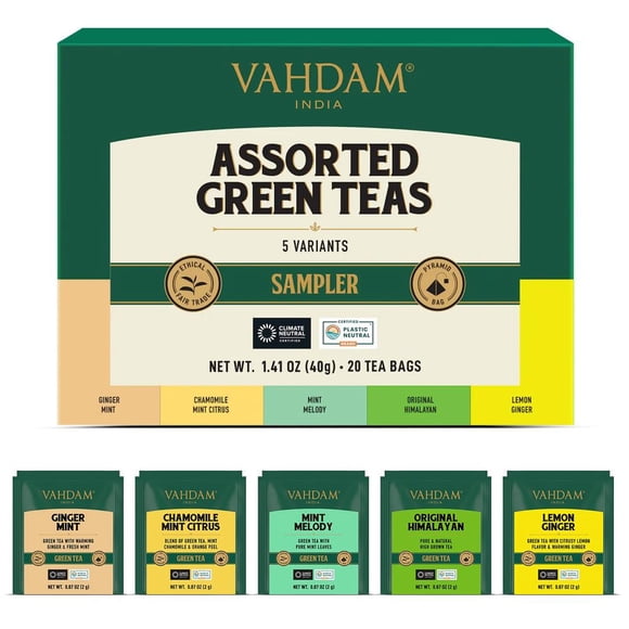 VAHDAM Assorted Green Tea Bags Sampler (3 Flavors, 15 Ecofriendly Pyramid Tea bags) I Gift Ideas for Women & Men | Himalayan Green Tea Varieties | Gluten Free & Non GMO | Gift Ideas for Him/Her