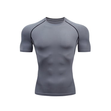 Daeful Men Sport T Shirt Crew Neck Compression Shirts Running Short Sleeve Moisture Wicking Summer Tops Gray L