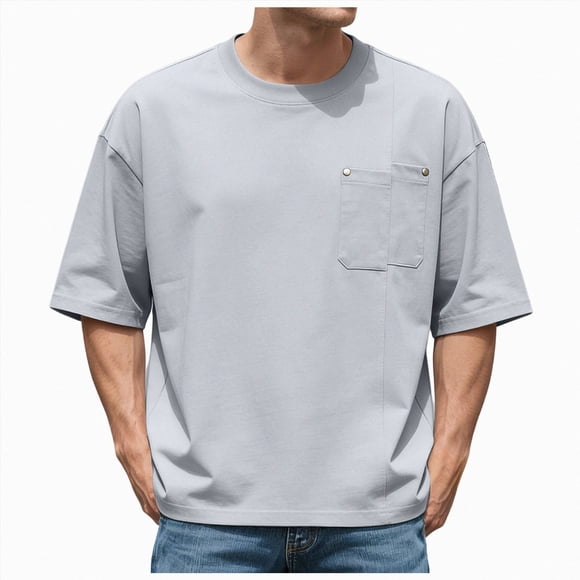 Ymyiu Pocket Tee Shirts Mens Men's T Shirt Pocket Heavyweight Pocket Tee for Men Full-Cut T-Shirt Size L(Grey, L)
