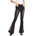 thumbnail image 4 of Womens Floral Daisy Embroidered Mid Rise Bell Bottom Flare Frayed Hem Jeans, 4 of 5