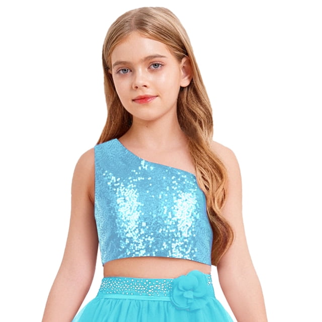 vastwit Girls Sparkly Sequin Sleeveless Off shoulder Tops for Party Crop Top Dancewear Green 12