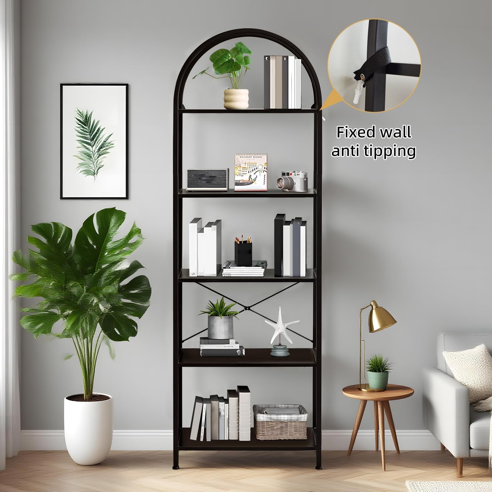 Arched 5-Tier Bookshelf – Narrow Tall Bookcase with Sturdy Black Metal Frame – Freestanding Open Display Shelving Unit – Modern Floor Standing, 60x28x180cm – Black Frame & Black Shelves