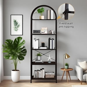 Arché 5-Tier Bibliothèque – Bibliothèque Narrow Tall avec cadre en métal noir robuste – Unité de rayonnage libre d'affichage – Moderne étage debout, 60x28x180cm – Cadre noir & Étagères noires