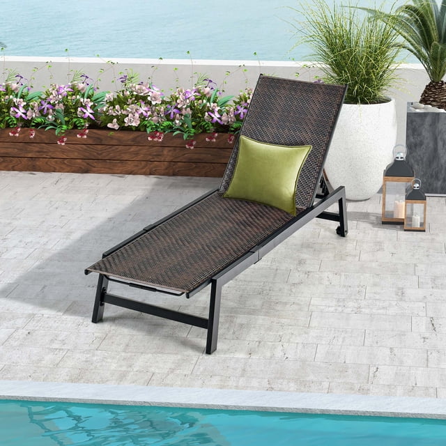 Costway 1PC Patio Galvanized Steel Chaise Lounge with Wheels Outdoor PE Rattan Recliner Chair