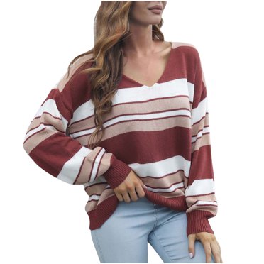IROINID Pull Col en V pour Femmes Rayures Décontracté Manches Courtes Automne et Hiver