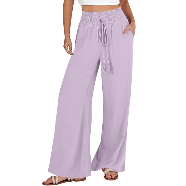 FNFYFH Clearance Women's Plus Size Linen Pants Elastic Waist Solid Color