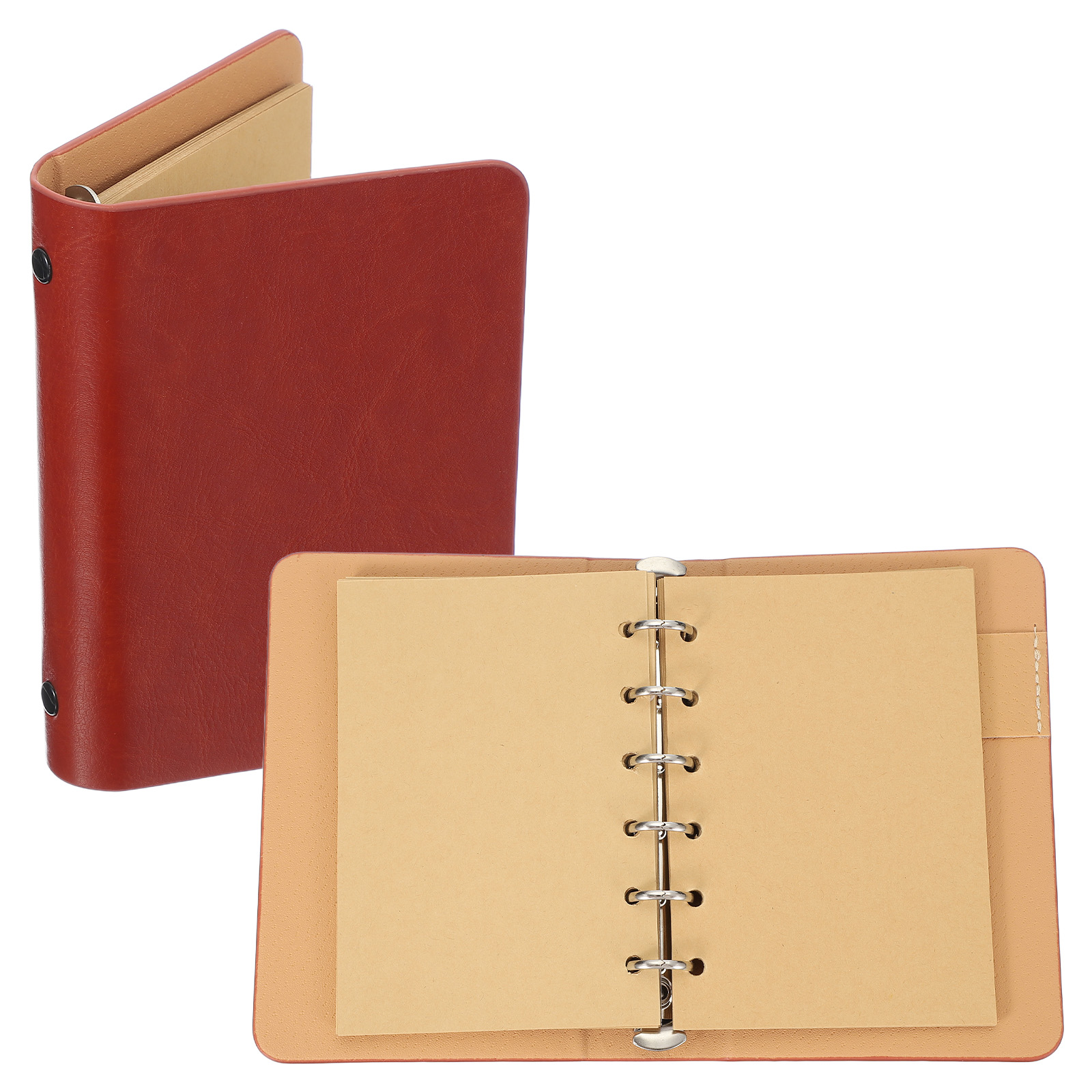 Uxcell 6 Ring Binder Cover, 1 Pack A7 kraft Leather Notebook Binder Mini Refillable Loose Leaf Personal Planner with 50 Sheets Paper, Orange