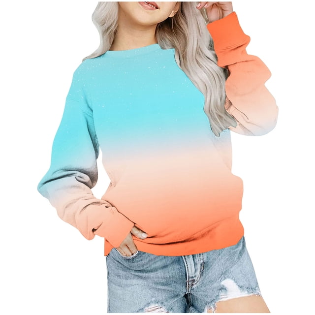 Chandail en Molleton pour Enfants Garçons Filles Mode Mignon Dégradé Manches Longues Col Rond Orange