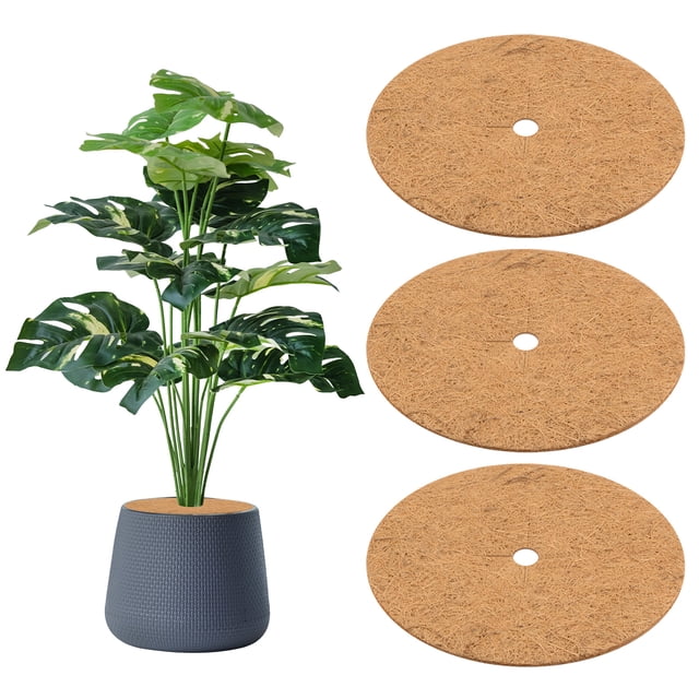 Uxcell 3-Pack Coconut Fibers Mulch Ring Tree Protector Mat, 14.6 Inch Tree Ring Mulch Mat for Plants in Coconut Brown. The image shows three round coconut fiber mulch mats with a central hole, alongside a potted plant with one mat placed at its base. These natural coconut fiber mats are lightweight, measuring 14.6 inches in diameter and 0.24-0.31 inches thick, designed for weed control and plant protection in gardens, balconies, and indoor spaces.