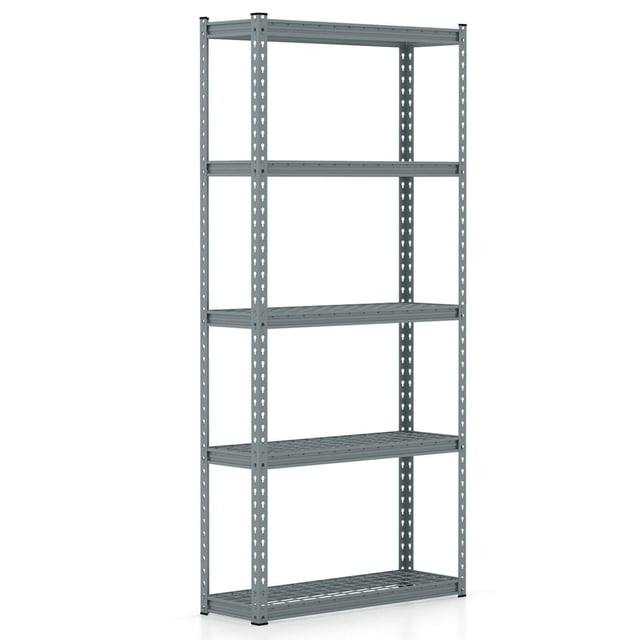 Costway 1 PCS Étagère de Rangement à 5 Niveaux Robuste Étagère Utilitaire de Rangement avec Dispositif Anti-Basculement Gris. Cette Unité d'Étagères Autoportante Présente Cinq Niveaux Spacieux pour Organiser des Articles comme des Outils, des Livres, des Plantes et des Essentiels de Cuisine. Fabriquée en Métal Enduit de Poudre durable, Elle Est Résistante à l'Eau et à la Rouille, avec une Capacité de Charge Totale de 1100 Lb. La Conception à Hauteur Réglable Permet de Personnaliser l'Espacement des Tablettes et la option de la Diviser en Deux Tablettes Plus Petites. Équipée de Patins Antidérapants et d'Un Dispositif Anti-Basculement