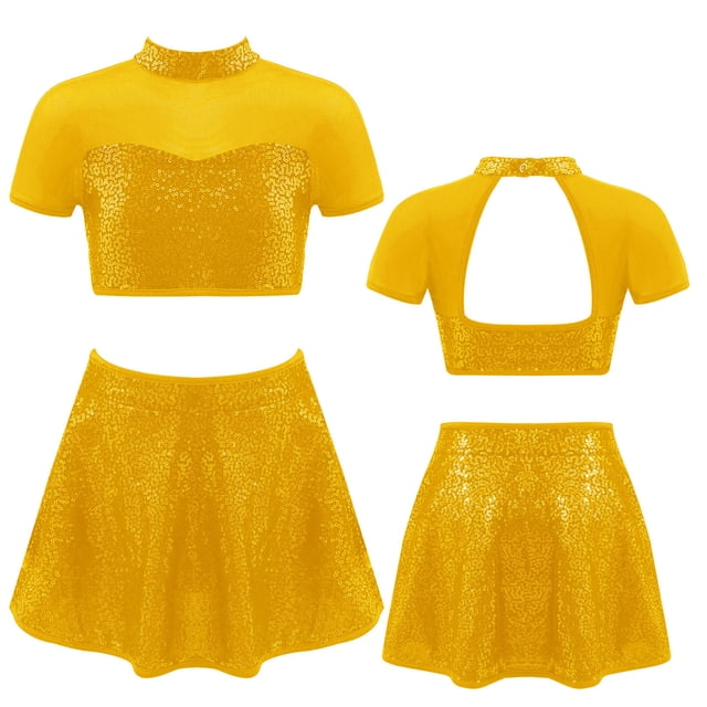 Hansber Robe de Danse Jazz Lyrique à Sequins pour Filles 2 Pcs Crop Top Contemporain Dos Ouvert avec Jupe Or 4