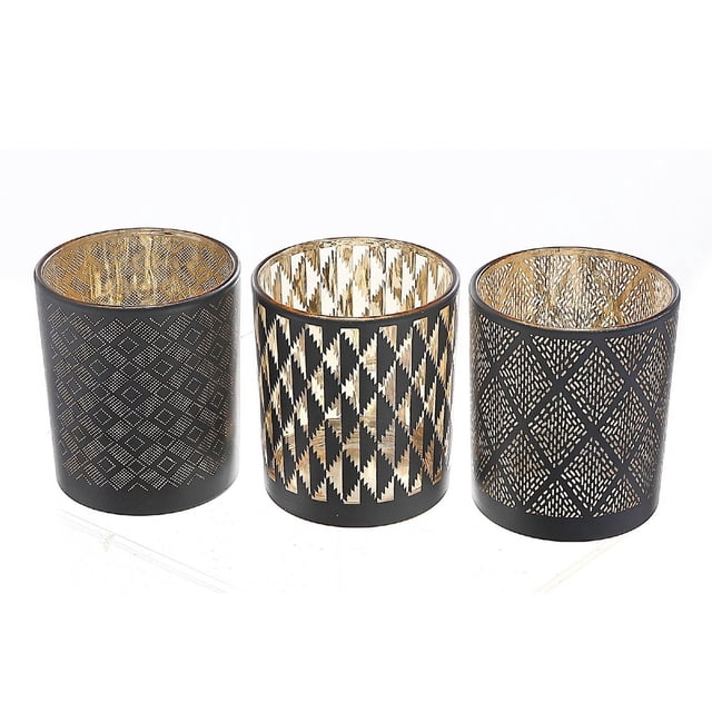Porte-bougies Chauffe-Plat en Verre Motif Noir - Ensemble de 3, Comprenant Trois Porte-Bougies Cylindriques en Verre avec des Motifs Géométriques Noirs Distincts et des Intérieurs Dorés, Mesurant 2,75 par 3,15 Pouces, Convient pour Ajouter une ambiance Chaude et festive aux Décorations de Noël Intérieures.