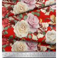 thumbnail image 2 of Soimoi Tissu Popeline de Coton Rouge Feuilles & Roses Imprimé Floral 1 Yard 42 Pouces de Large, 2 of 3