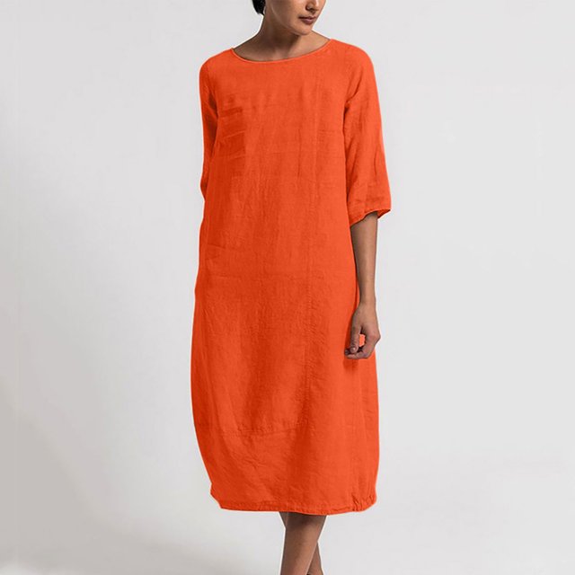 Robe en Coton et Lin pour Femmes Grande Taille Manches 3/4 Col Rond Coupe Ample Droite Unie Midi