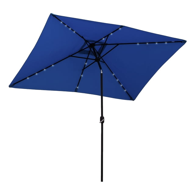 Outsunny Solar Patio Umbrella with LED and Tilt, featuring a rectangular dark blue canopy made of 180 gsm polyester fabric supported by a steel frame. The umbrella includes 22 solar-powered LED lights along its six ribs, adjustable tilt functionality, and a crank handle for easy opening and closing. Designed for outdoor use, it provides ample patio shade and measures 9.7' L x 6.2' W x 8.4' H. The vented canopy enhances wind stability, and the solar-powered lighting is ideal for evening use.