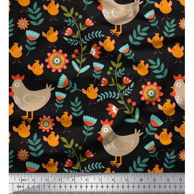 Soimoi Velvet Fabric Leaves,Cock & Chick Cartoon Print Fabric by The Yard 58 Inch Wide