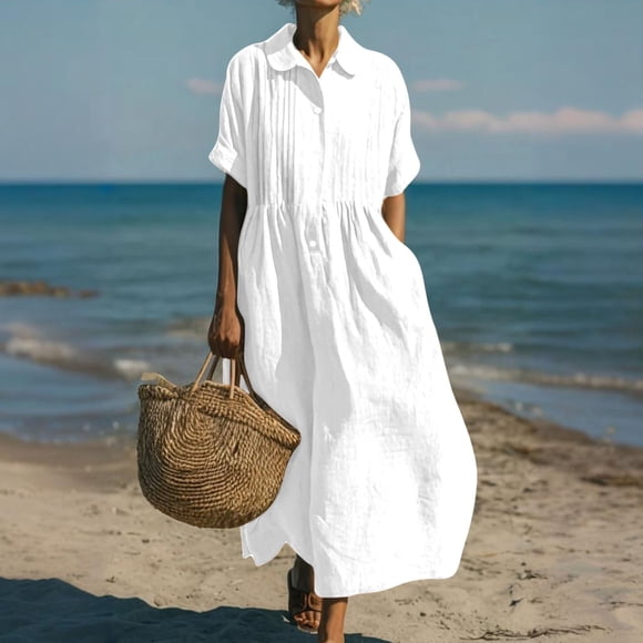 Xdegoge Linen Button Down Shirt Dress for Women Short Sleeve Pleated Maxi Dress Casual Loose Fit Cotton Feeling Tunic Flowy Long Sun Dress Bohemian Style Everyday Wear Summer Kaftan
