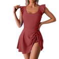 thumbnail image 1 of Bigersell Maillots de Bain à Manches à Volants pour Femmes Style Patineuse une-Pièce avec Jupe Dos Smocké Maillots de Bain Robe de Bain Tenue de Bain Rouge TTG, 1 of 9