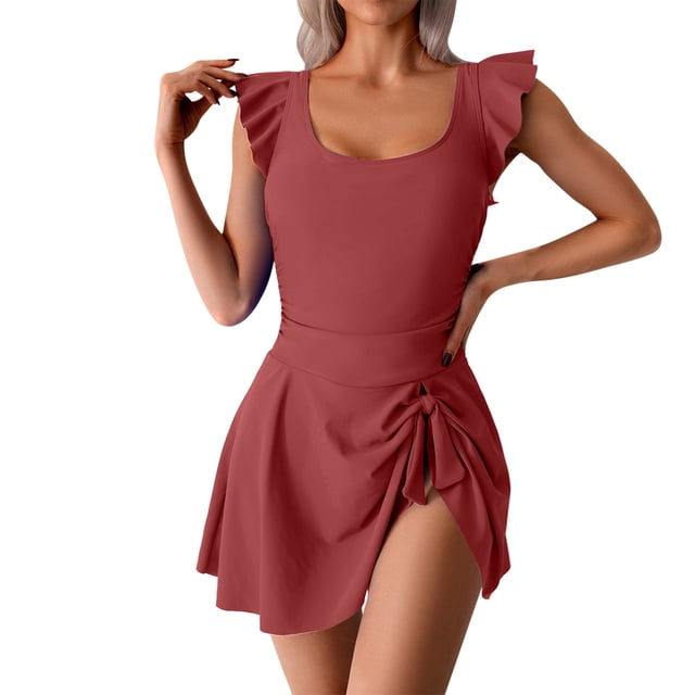 Bigersell Maillots de Bain à Manches à Volants pour Femmes Style Patineuse une-Pièce avec Jupe Dos Smocké Maillots de Bain Robe de Bain Tenue de Bain Rouge TTG