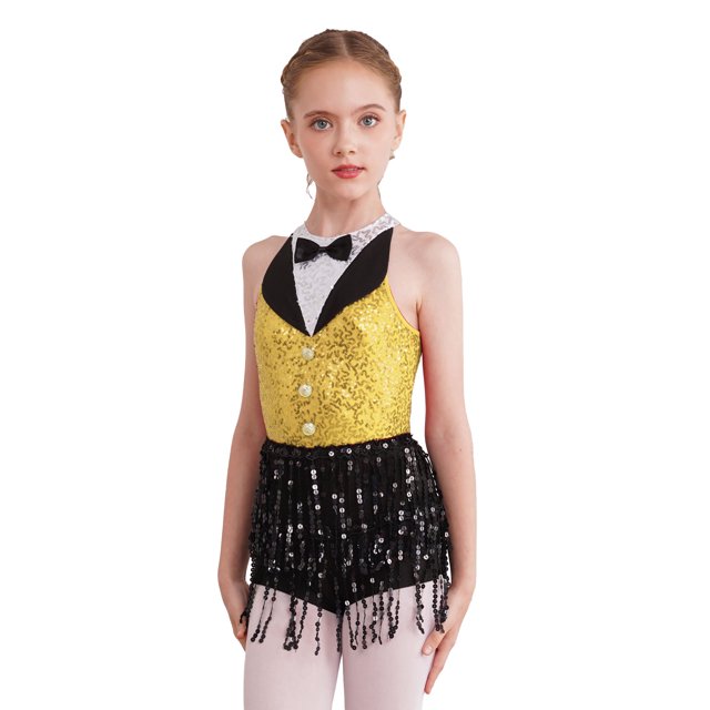 Jizyo Robe de Danse Latine Sans Manches à Paillettes pour Filles, Costume de Fête Jazz Performance Jaune 12