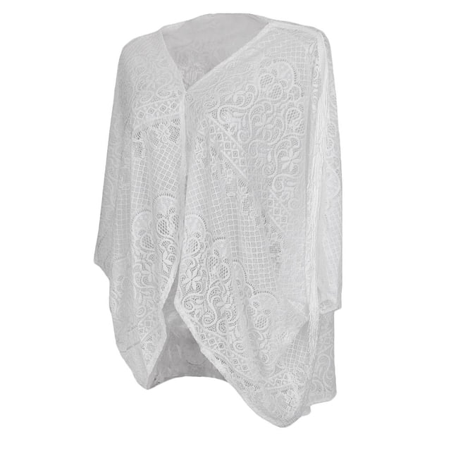 Esquirla Robe de Plage pour Femmes, Bikini, Cache-Cœur, Dentelle Blanche, Fleurs et Franges - Blanc, G L