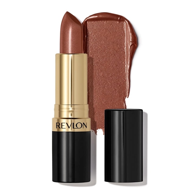 Revlon Super Lustrous Pearl Lipstick, Creamy Formula, 4.2g, in a warm brown pearl shade. The lipstick is extended from a black and gold tube with the Revlon logo, shown with a smooth swatch of the creamy, shimmery lipstick on a white background. Often used to create soft, fuller-looking lips with rich colour and conditioning benefits.