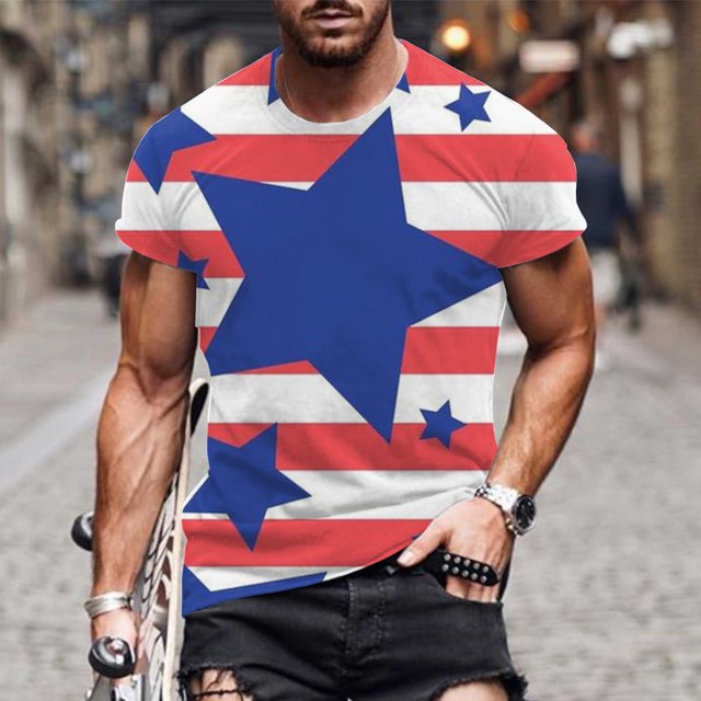 LSLJS Men's Patriotic Shirts Independence Day Stripes Print T-Shirts Round Neck Short Sleeve Shirts