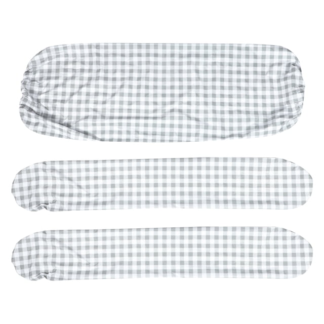1 Set Outdoor Stretchable Table Cover Flannel Table and Chair Cover with a grey and white checkered design, part of table linens collection. Includes a waterproof table cover measuring 192x88cm and stool covers measuring 195x44cm, ideal for protecting picnic tables and stools from dust, dirt, moisture, and scratches. Made of durable PVC and flannel material, suitable for outdoor events or casual dining setups.