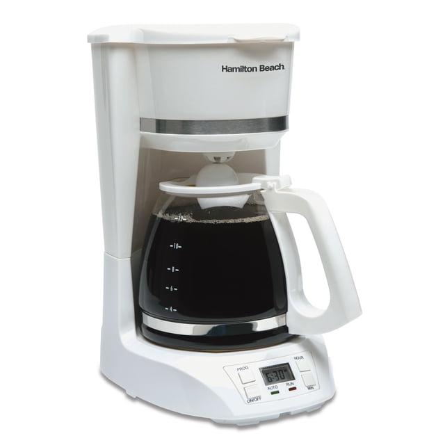 Hamilton Beach 12-Cup Drip Coffee Maker with Digital Clock, white plastic body with stainless steel accent, glass carafe marked for up to 12 cups filled with brewed coffee, programmable timer display set to 6:30, and control buttons for program, hour, minute, on/off, and auto run, ideal for home brewing with pause-and-serve feature.