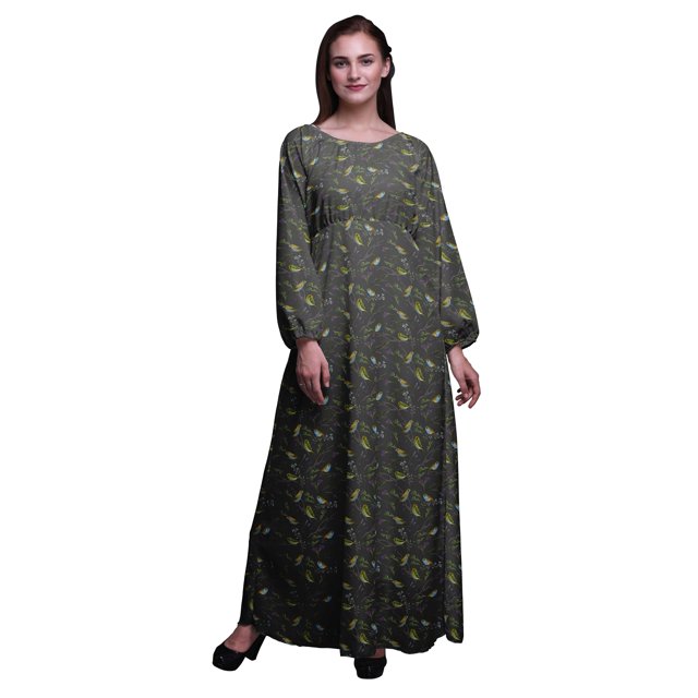 Bimba Robe Maxi à Manches Longues pour Femmes en Georgette Mousse Imprimée de Baies Bleues et d'Oiseau Flowerpecker - Grande