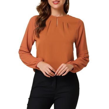 INSPIRE CHIC Chemisier en Mousseline pour Femme de Bureau Semi-Transparent Manches Longues Encolure Goutte d'Eau Blouse Élégante Haut Orange XX-Grand