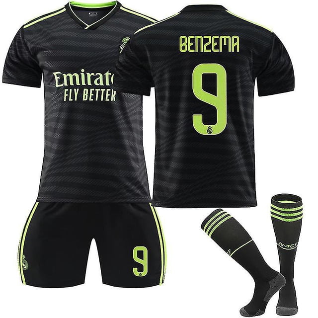 Benzema Home Jersey and Away Jersey soccer set featuring a black shirt with neon green accents, Benzema's name and number 9 printed on the back, matching black shorts with number 9, and black socks with green stripes. Ideal for soccer enthusiasts.