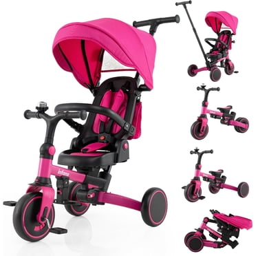 Tricycle Pliable 9-en-1 pour Tout-Petits INFANS, Convertit la Poussette en Draisienne avec Poignée de Poussée Réglable, Auvent et Dossier, Conversion à Pédales, Roues Arrière Rétractables pour 1 à 6 Ans