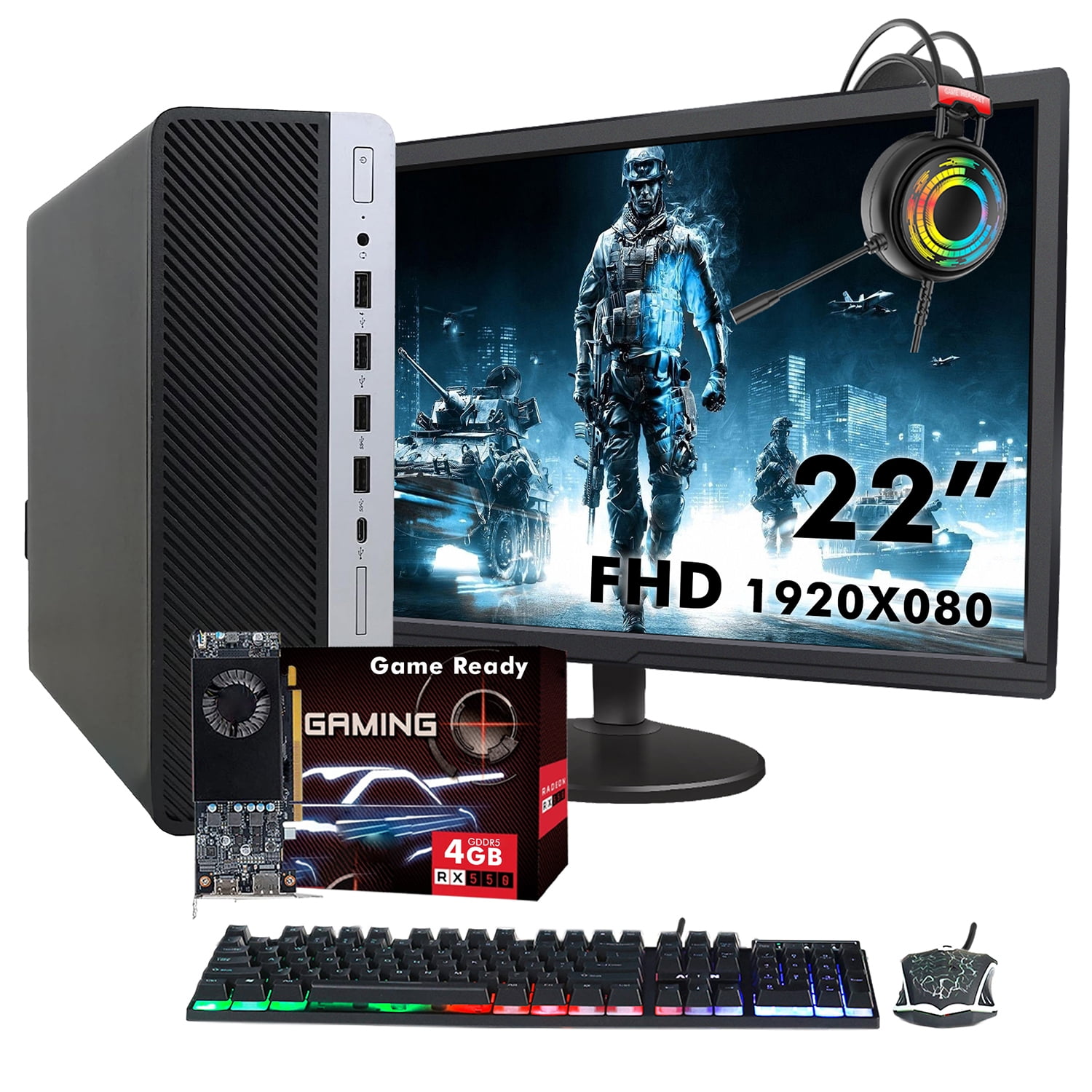 Gaming Desktop PC - HP SFF ~ 22 Inch Monitor Intel Core i5 Upto 3.60Ghz AMD RX 550 4GB HDMI 16GB DDR4 RAM 256GB SSD 1TB HDD Windows 11 Pro Refurbished