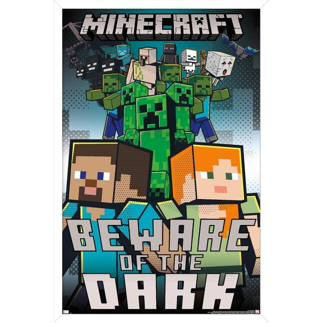 Minecraft - Affiche Murale Attention au Noir avec Cadre Magnétique, 22,375 Po x 34 Po Mettant en Vedette des Personnages Minecraft Pixélisés Steve et Alex, Entourés de Creepers, Zombies, Squelettes, Enderman, Golem de Fer, Ghast et Foules Flétries sur un Fond Dégradé Foncé avec Texte en Blocs Audacieux, Convient à la Déco de Salle de Jeux Ou aux Fêtes à Thème.