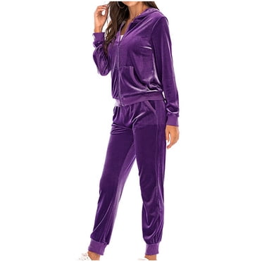 Mrat Womens 2 Piece Velour Tracksuit Two Piece Soft Velvet Zip Hooded Tops Drawsting Pants Outfits S-64 Purple XL