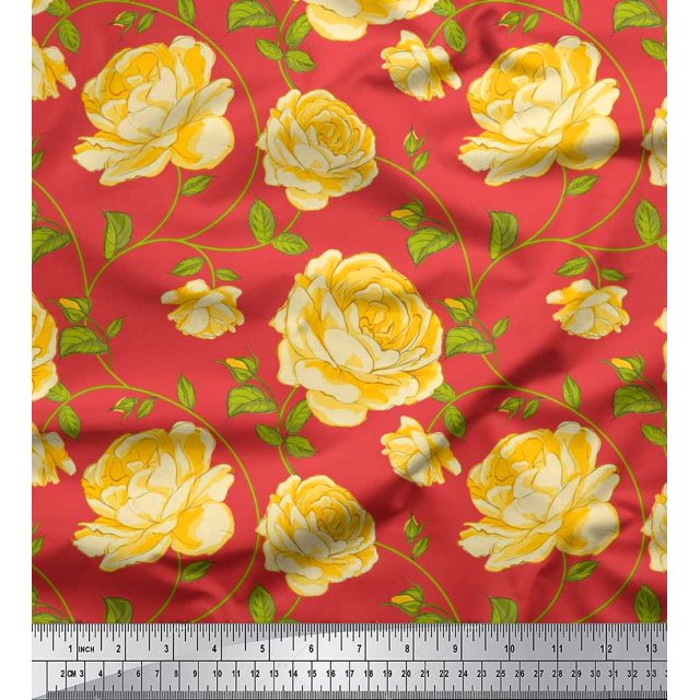 Soimoi Crepe Silk Fabric Leaves & Rose Floral Decor Fabric Printed Yard 42 Inch Wide
