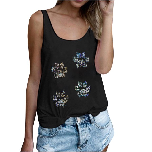 CEHVOM Women‘s Casual Solid Color Round Neck Colorful Sequin Printed Vest Top