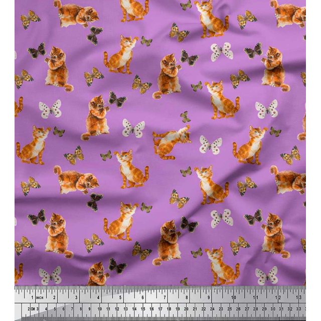Soimoi Purple Cotton Duck Fabric Insect & Cat Animal Print Sewing Fabric BTY 42 Inch Wide