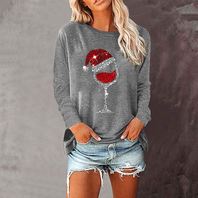 jsaierl Chandails en Molleton de Noël pour Femmes Col Rond Manches Longues Hauts Graphiques en Verre de Noël Blouse Graphique Hippie Tee Chandail de Noël